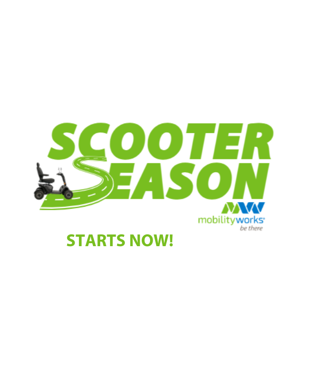 Green text reads Scooter Season with a scooter and road graphic, followed by MobilityWorks logo and STARTS NOW! in bold green letters below.