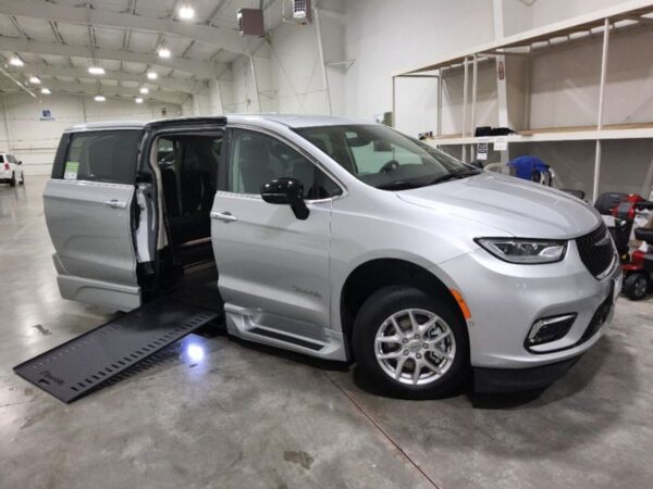 Silver Chrysler Pacifica with BraunAbility Side Entry Automatic In Floor conversion