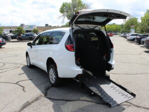 White Chrysler Pacifica with FR Conversions Rear Entry Manual Fold Out conversion