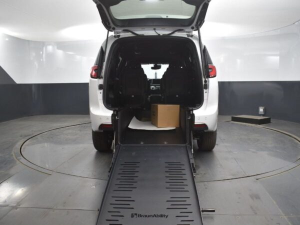 White Chrysler Pacifica with BraunAbility Rear Entry Manual Fold Out conversion