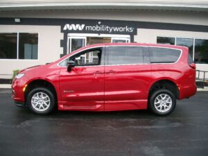 Red Chrysler Pacifica with BraunAbility Side Entry Automatic Fold Out conversion