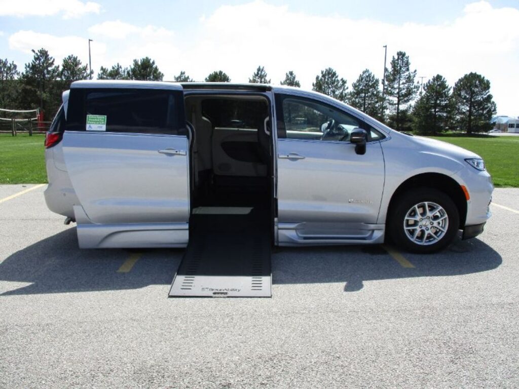 Silver Chrysler Pacifica with BraunAbility Side Entry Automatic In Floor conversion