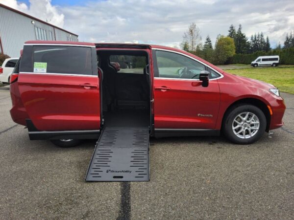 Red Chrysler Pacifica with BraunAbility Side Entry Manual Fold Out conversion