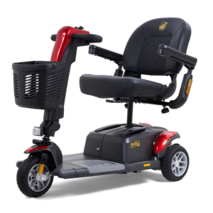 The BuzzAround LX 4-Wheel Scooter features a black seat, armrests, front basket, and sleek red accents.