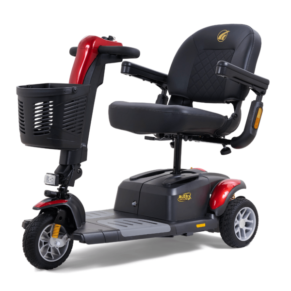 The BuzzAround LX 4-Wheel Scooter features a black seat, armrests, front basket, and sleek red accents.