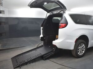 White Chrysler Pacifica with BraunAbility Rear Entry Manual Fold Out conversion