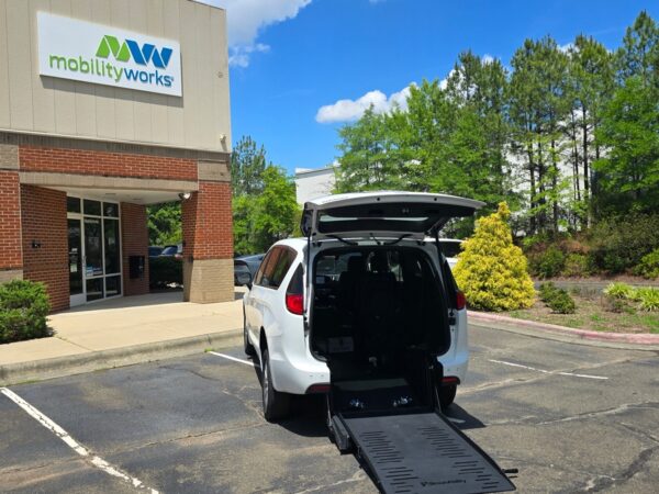 White Chrysler Voyager with BraunAbility Rear Entry Manual Fold Out conversion