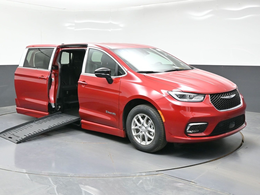 Red Chrysler Pacifica with BraunAbility Side Entry Automatic Fold Out conversion