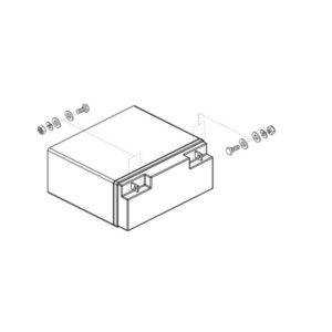 Line drawing of the 17AH Battery for Pride Mobility Scooters as a rectangular box with two mounting tabs and an exploded view showing screws, washers, and nuts on each side.