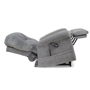 The Cloud with Twilight Lift Chair is a gray upholstered recliner with footrest extended, side control panel, and plush comfort—as inviting as a cloud in soothing twilight hues.