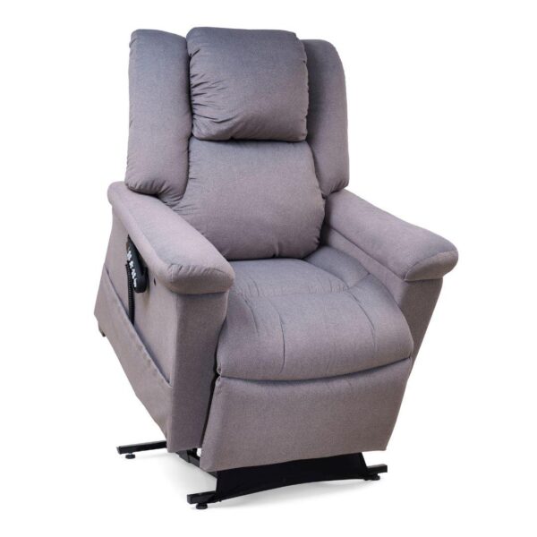 The MaxiComfort Series Day Dreamer Power Lift Recliner is a gray upholstered chair featuring padded armrests and a side-attached remote control.