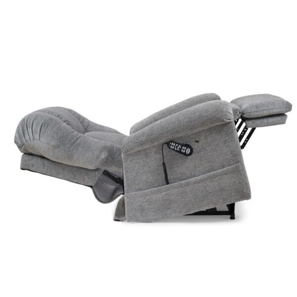 The Cloud with Twilight Lift Chair is a gray upholstered recliner with footrest extended, side control panel, and plush comfort—as inviting as a cloud in soothing twilight hues.