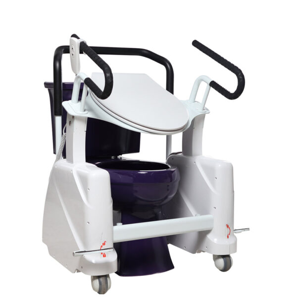 White and purple commode chair with raised armrests and wheels.