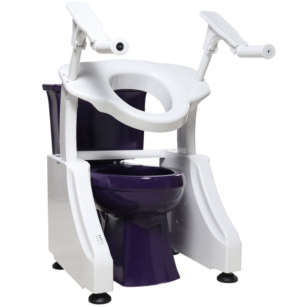 White and purple assisted toilet unit with arm supports and an elevated seat, designed for accessibility and comfort.