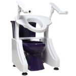 White and purple assisted toilet unit with arm supports and an elevated seat, designed for accessibility and comfort.