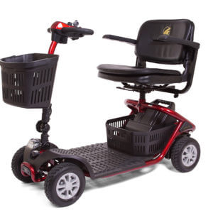red 4 wheel mobility scooter with basket