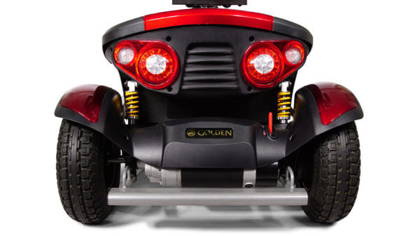 closeup of front of red 4 wheel Patriot Mobility Scooter