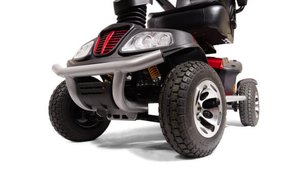 closeup of front of red 4 wheel Patriot Mobility Scooter