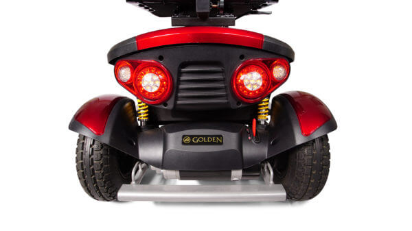 closeup of back of red 4 wheel Patriot Mobility Scooter