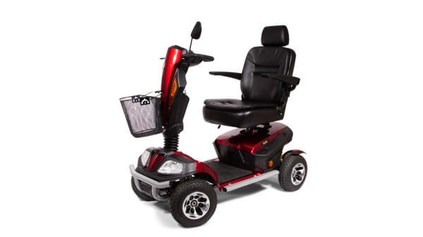 red 4 wheel Patriot Mobility Scooter with basket