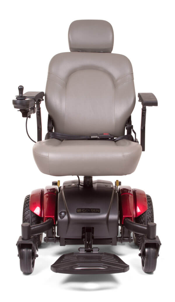 front view of red Compass Sport power wheelchair with foot rest