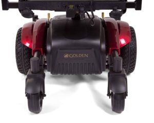 close up of back wheels of power wheelchair