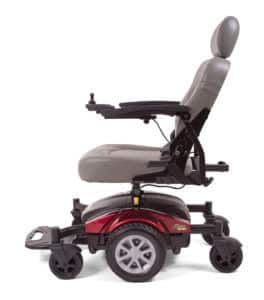 side view of red Golden Technologies Compass Sport power wheelchair