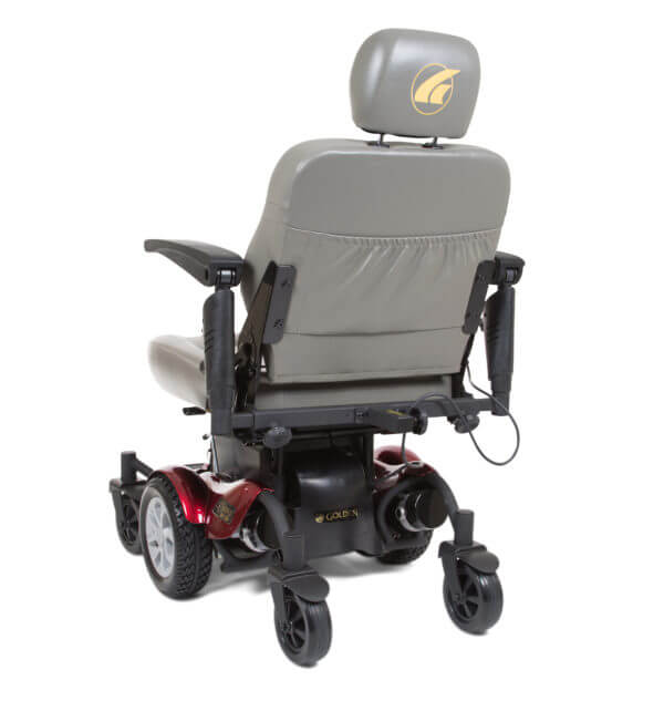 back view of red Golden Compass sport power wheelchair