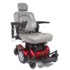 front view of red Compass Sport power wheelchair with foot rest