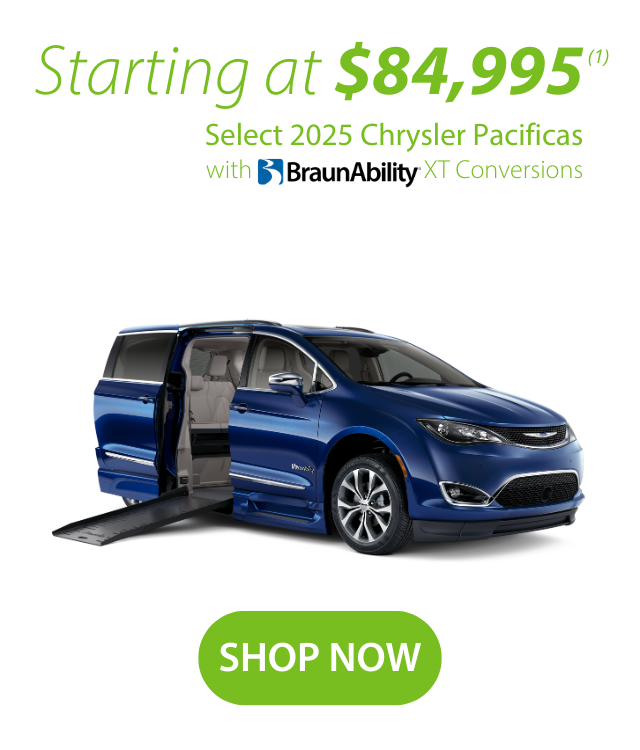 Blue 2025 Chrysler Pacifica with BraunAbility XT conversion, side entry ramp extended. Text advertises starting price of $84,995 and includes a Shop Now button.