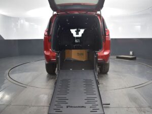 Red Chrysler Pacifica with BraunAbility Rear Entry Manual Fold Out conversion