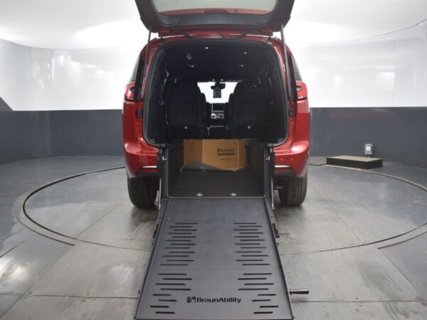 Red Chrysler Pacifica with BraunAbility Rear Entry Manual Fold Out conversion