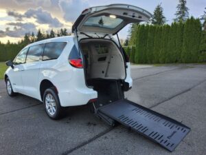 White Chrysler Pacifica with BraunAbility Rear Entry Manual Fold Out conversion