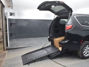 Black Chrysler Pacifica with BraunAbility Rear Entry Manual Fold Out conversion