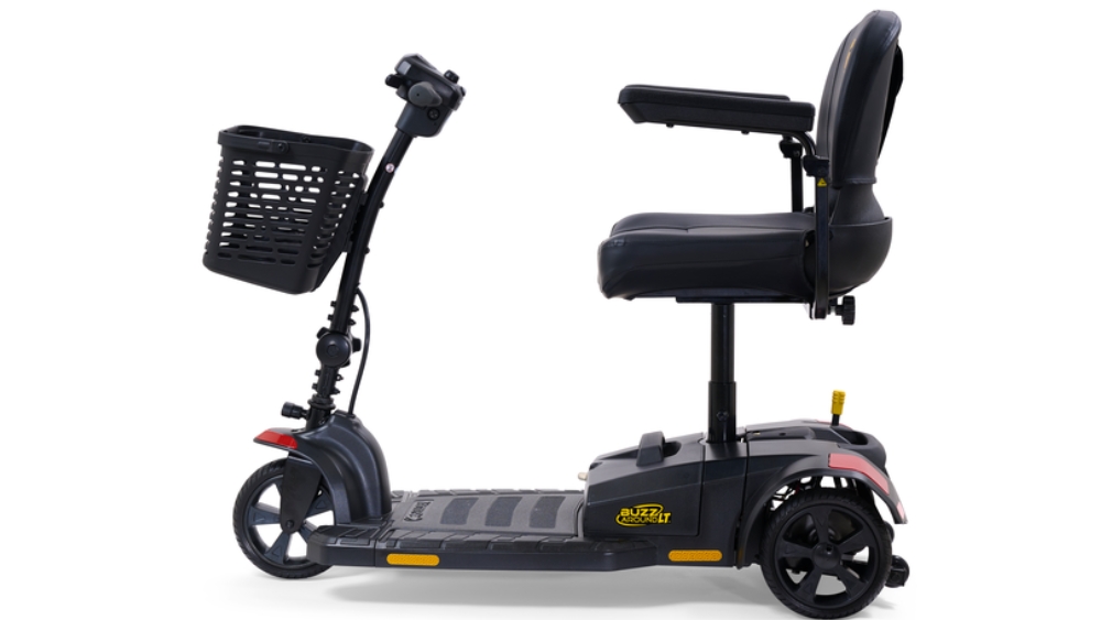 The BuzzAround LT 3-Wheel Scooter, featuring a front basket and a padded seat, is shown from the side against a white background.