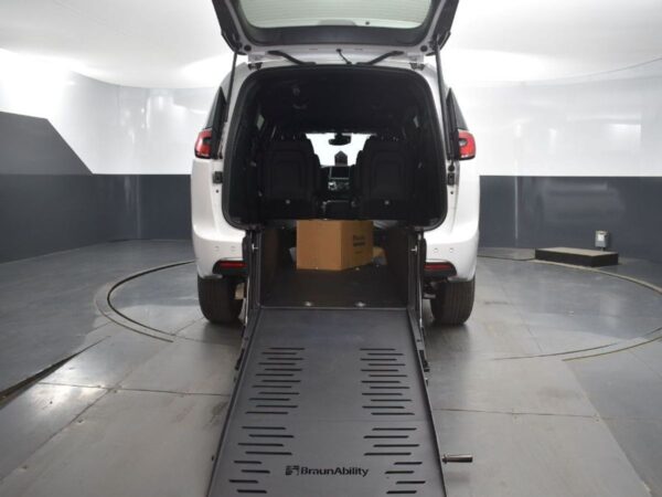 White Chrysler Pacifica with BraunAbility Rear Entry Manual Fold Out conversion