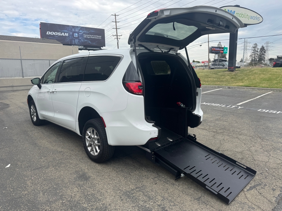 White Chrysler Pacifica with FR Conversions Rear Entry Manual Fold Out conversion