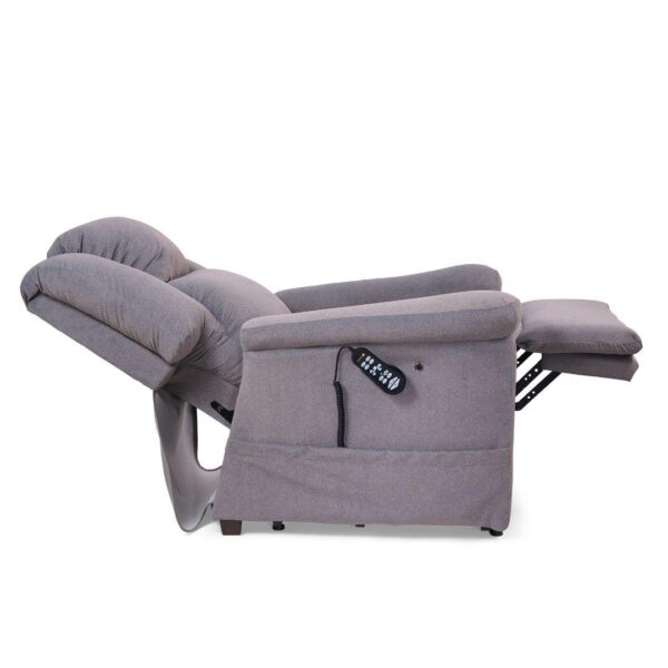 The MaxiComfort Series Day Dreamer Power Lift Recliner is a gray upholstered chair that fully reclines and features an attached remote control on the side.