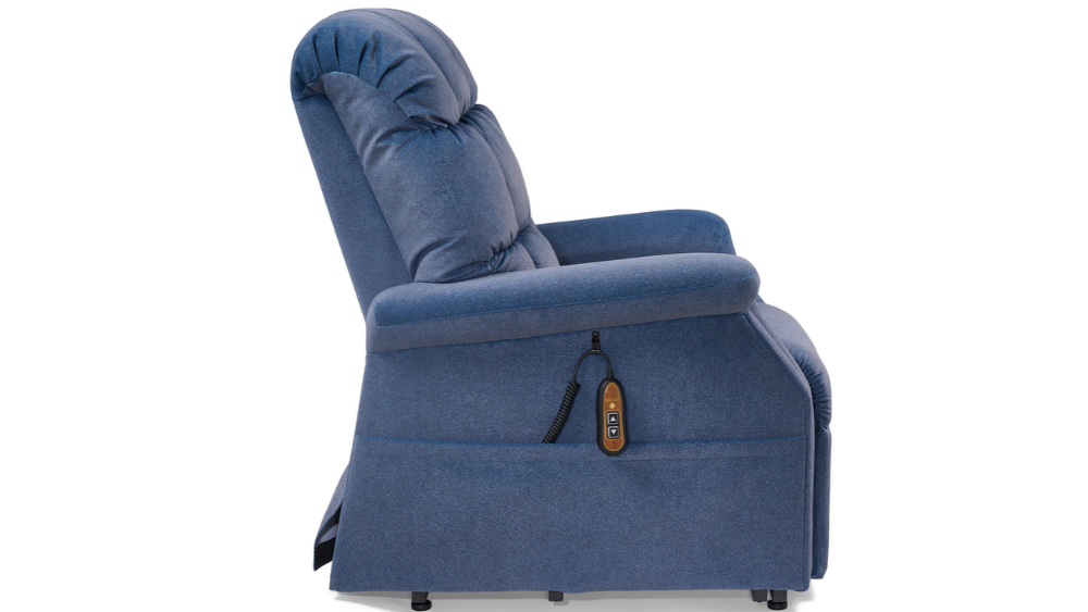 Side view of a blue upholstered Cambridge Lift Chair with a remote control attached to the side.