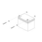Line drawing of a 35 AH Battery for Pride Mobility Scooters (rectangular, two terminal posts), shown with bolts, washers, and nuts in an exploded view for assembly.