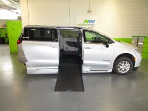 Silver Chrysler Pacifica with BraunAbility Side Entry Automatic In Floor conversion