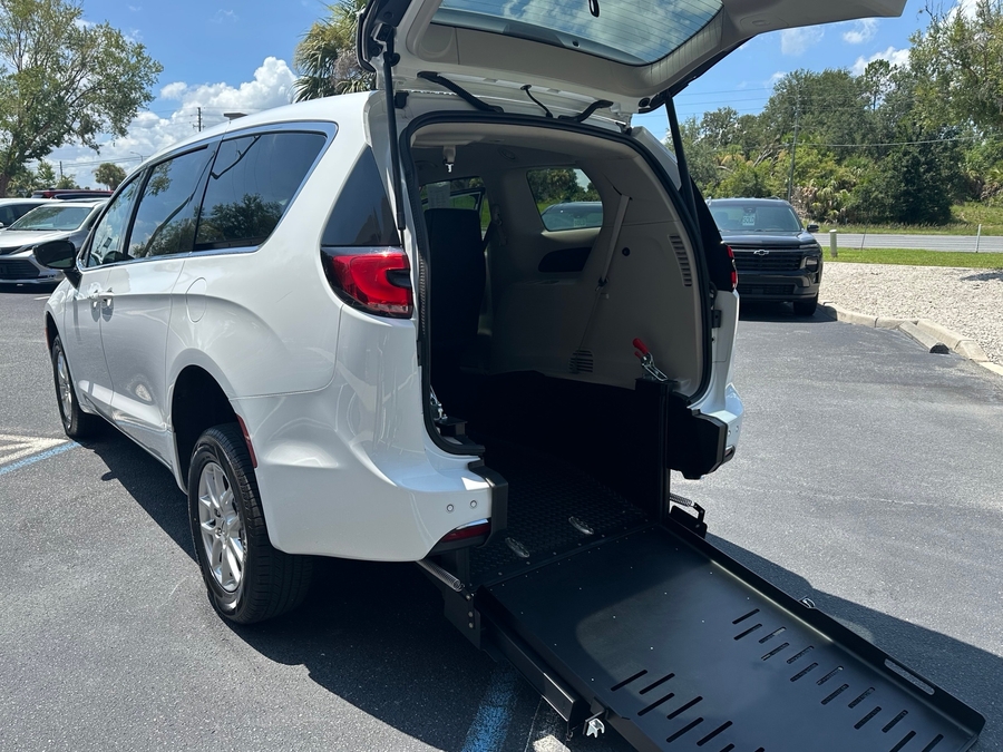 White Chrysler Pacifica with FR Conversions Rear Entry Manual Fold Out conversion
