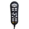 A black remote control for the EZ Sleeper with Twilight Lift Chair features buttons labeled for reclining, rising, TV, home, lumbar, headrest, and other chair adjustment functions.