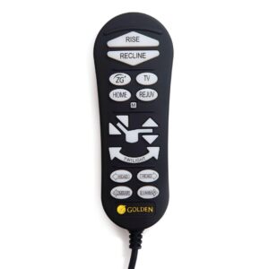 A black remote control for the EZ Sleeper with Twilight Lift Chair features buttons labeled for reclining, rising, TV, home, lumbar, headrest, and other chair adjustment functions.