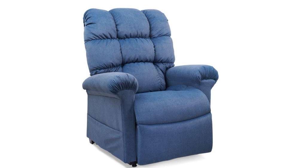 The Cloud Lift Chair, featuring blue upholstery, a tufted backrest, cushioned seat, and rounded armrests, is displayed against a plain white background.