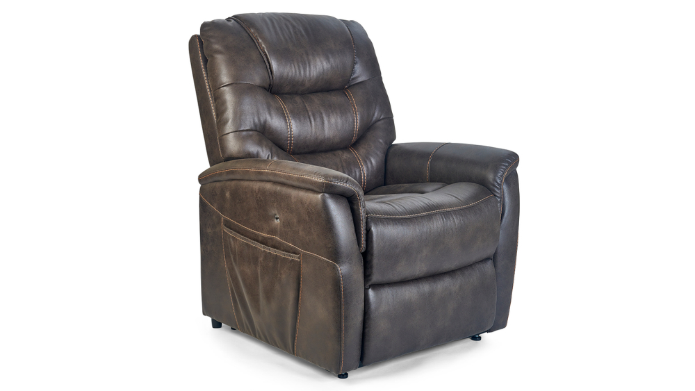 Dione Lift Chair upholstered in brown leather, featuring visible stitching, a padded seat, comfortable armrests, and a convenient side pocket, photographed against a white background.