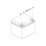 Line drawing of the 40AH Battery for Pride Mobility Power Wheelchairs shows a rectangular battery with two terminal connections and associated screws, washers, and nuts displayed in an exploded view above each terminal.