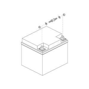 Line drawing of the 40AH Battery for Pride Mobility Power Wheelchairs shows a rectangular battery with two terminal connections and associated screws, washers, and nuts displayed in an exploded view above each terminal.