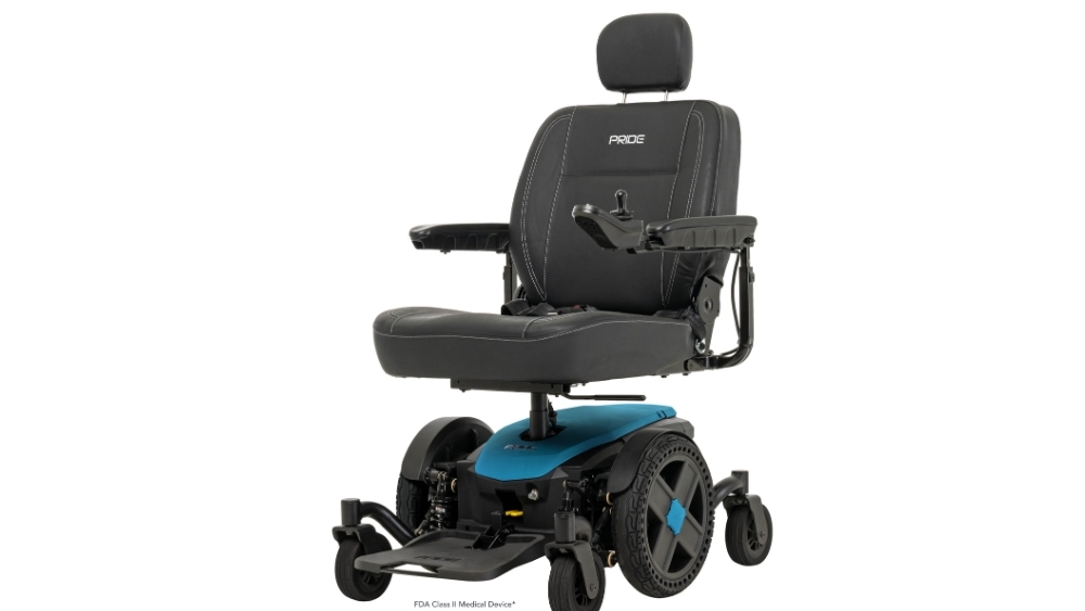 Introducing the Jazzy EVO 614HD Power Wheelchair, featuring a padded seat, supportive armrests, headrest, and a striking blue base. Equipped with black wheels and convenient buttons and controls on one armrest, the Jazzy EVO 614HD Power Wheelchair delivers reliable performance and enhanced comfort for everyday mobility needs.