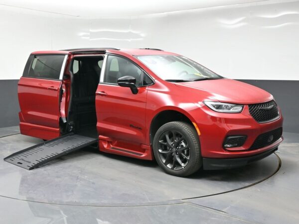 Red Chrysler Pacifica with BraunAbility Side Entry Automatic Fold Out conversion